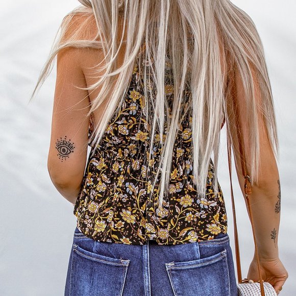 Multicolor Boho Colorblock Print Peplum Tank Top - Picture 2 of 6